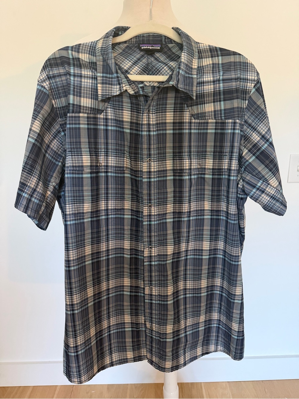 Patagonia Men's Blue and White Plaid Short-Sleeve Button-Down Shirt
